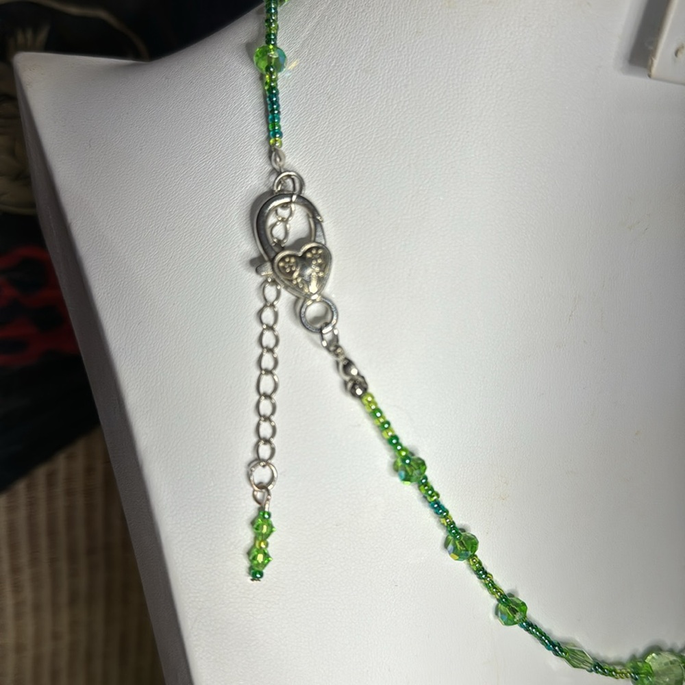 Artisan Beaded Murano Glass Pendant Green & Silver Swirl Design All Glass Beads - Picture 8 of 9